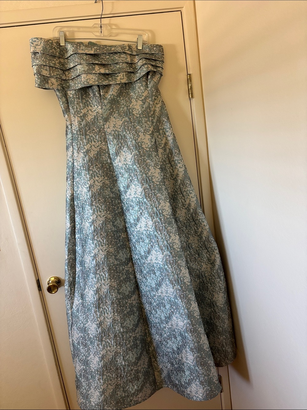 Betsy & Adam Strapless Blue Jacquard A-Line Gown